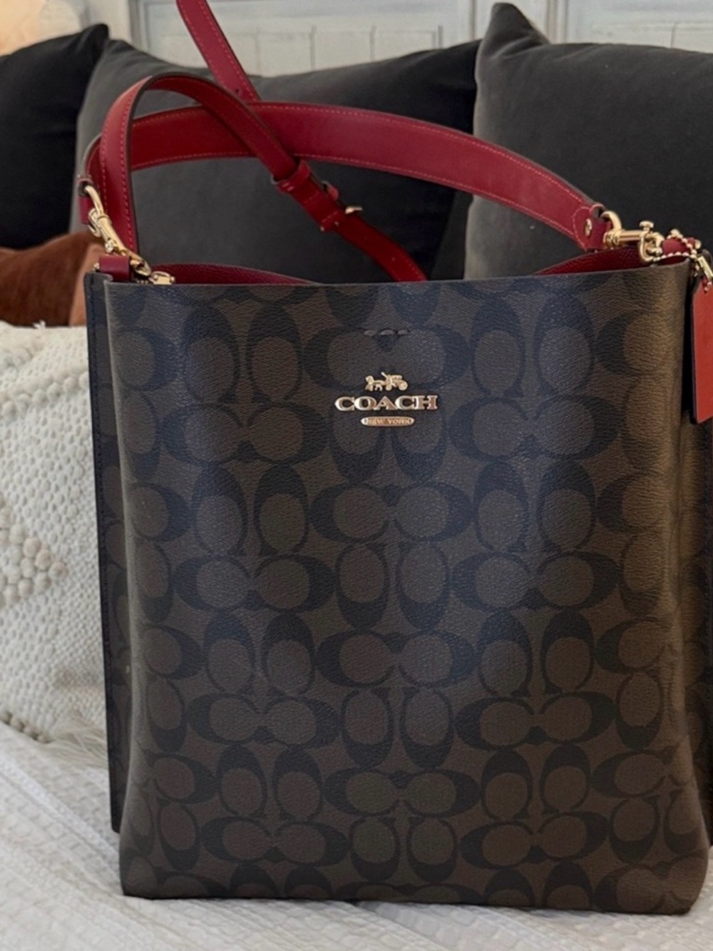 Coach Brown Signature Shoulder Bag with Red Trim